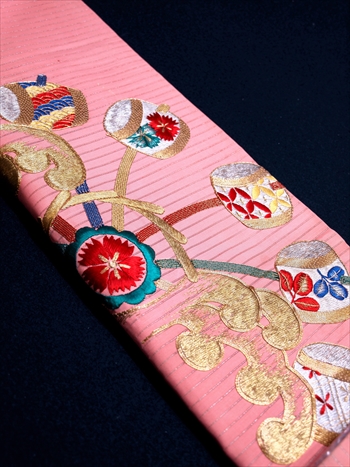 アンティーク帯 > アンティーク帯 袋帯 絽 夏帯 水車 波 ピンク 刺繍 豪華