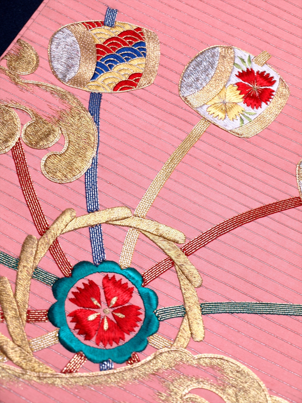 アンティーク帯 ＞ アンティーク帯 袋帯 絽 夏帯 水車 波 ピンク 刺繍 豪華